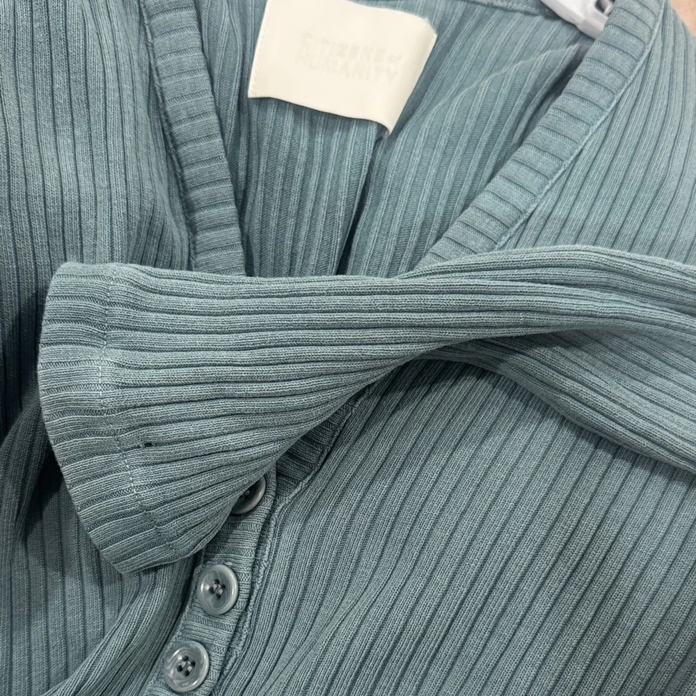 Citizens Of Humanity Ribbed V-Neck Button Cardigan in Dusty Teal - Picture 16 of 16